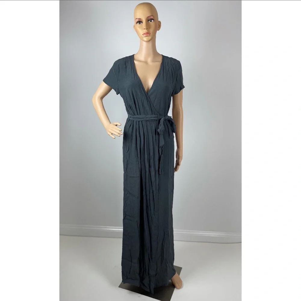 Dark Grey V-neck Tie-front Short Sleeve Wrapped Maxi Dress